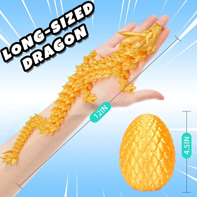 12" 3D Printed Dragon Egg, Mystery Articulated Crystal Dragon Egg Fidget Toys, 3D Print Surprise Animals Toy for Kid Teen Boy Girls (Silk Gold)