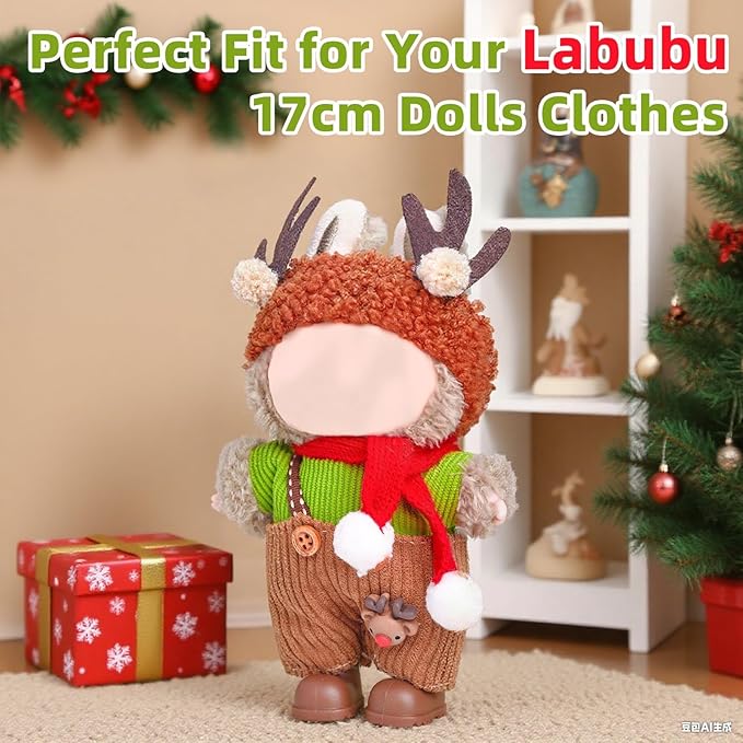 Clothes for Labubu 17cm Doll (NO Doll), 5 Piece Labubu Clothes Set, Cute Labubu Outfits with Accessories, Handmade Crochet La Bubu Doll Dress Up Set（Christmas Reindeer）