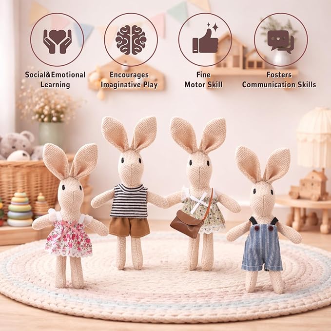 HAPGFS Handmade Rabbit Family Dolls Set of 4 with Removable Outfits & Bag, Realistic Dollhouse People Figures for Imaginative Play, Kids Room Decoration, Easter Bunny