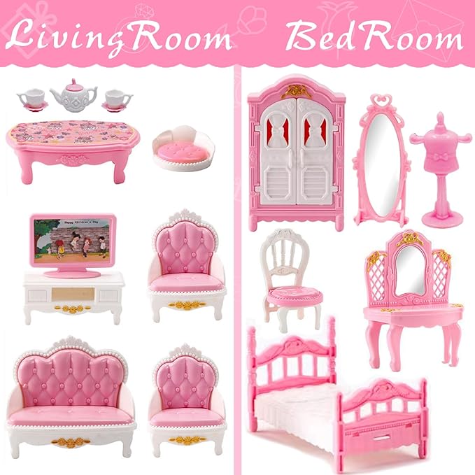 75 Pcs Dollhouse Furniture Set Accessories,Small Dollhouse Miniature Pretend Play Family Toys Gift,Toddler Boy Girl Kid 3Y+ Mini Bedroom/Livingroom/Bathroom/Kitchen/Infant Room Kit