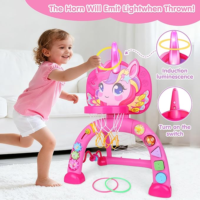 Toddler Basketball Hoop for Kids, Unicorn Basketball & Soccer Game Sports Toy with 30+ Sounds, Baby Basketball Hoop Toys for 1 2 3 Years Old Girls Boys Christmas Birthday Gifts Indoor Outdoor Play