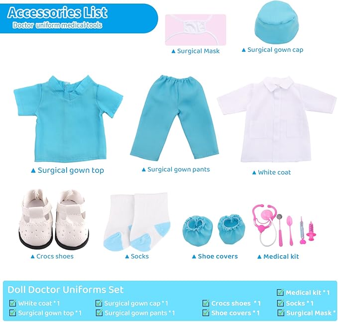 MSYO 18 Inch Doll Doctor Playset-Pretend Play Medical Kit with White Coat,Scrubs & Surgical Tools,Stem Roleplay Costume for Kids Ages 3-12,Fits Most 18-Inch Girl & Boy Dolls(Blue)