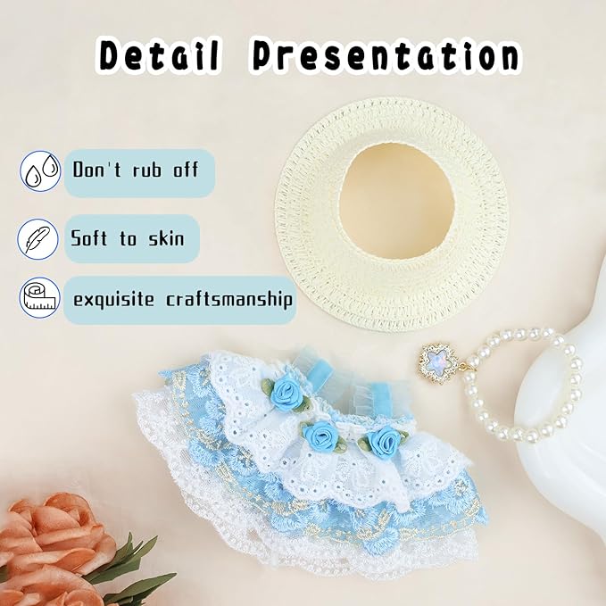 Clothes for labubu Skirt Set for Doll 3 Piece Set with Dress Outfit Hat Necklace Chic Dress for Dolls Accessories (NO Doll)(SkyBlue Lace)