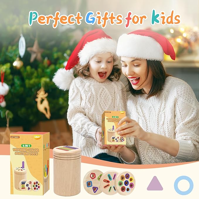 4 in 1 Montessori Toys for 2 3 4 Year Old, Wooden Color Sorting Toys for Toddlers 1-3, Preschool Learning Activities Fine Motor Matching Games, 18 Month Old Baby Boys Girls Gifts
