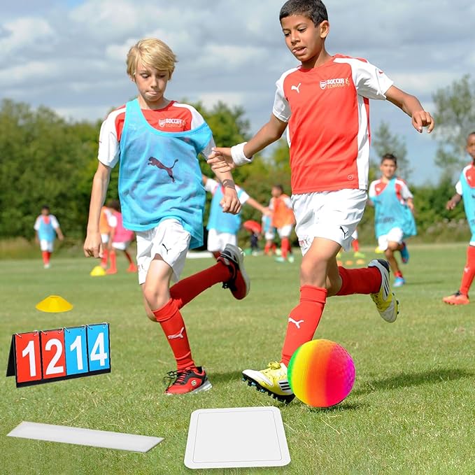 Huaerle 18 Pcs Sports Kickball Set Includes 2 Playground Ball with Air Pump 4 Rubber Throw Down Bases 10 Foul Line Cones and a Flip Scoreboard for Boys Girls Adults Playground School Backyard