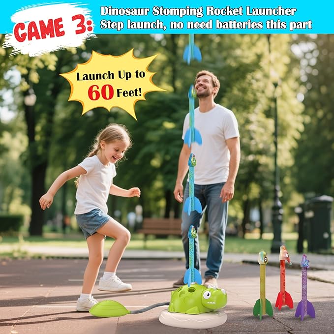 Indoor Outdoor Games for Kids, 3 in 1 Musical Jump, Ring Toss Game & Stomping Rocket Launcher for Kids, Dinosaur Sports & Outside Play Activities Toys with Remote Control for Toddlers 4-8