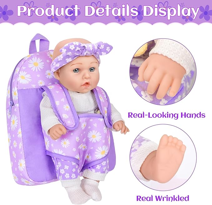 12" Flower Pattern Baby Doll With Backpack Carrier Can Store Clothes and Accessories,12 Inch Baby Dolls Set In Gift Box With Hanky Pacifier Bottle Pretend Baby Care Toy For Girl Child Toddler 3+ Gifts