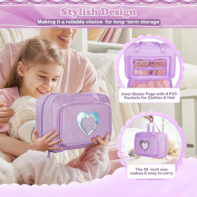 Carrying Case Compatible with Barbie Dolls 12-Inch, Storage Organizer with Handle Holds up to 6 Dolls,Multiple Pockets for Accessories,Toy Storage Box, lavender,Bag Only