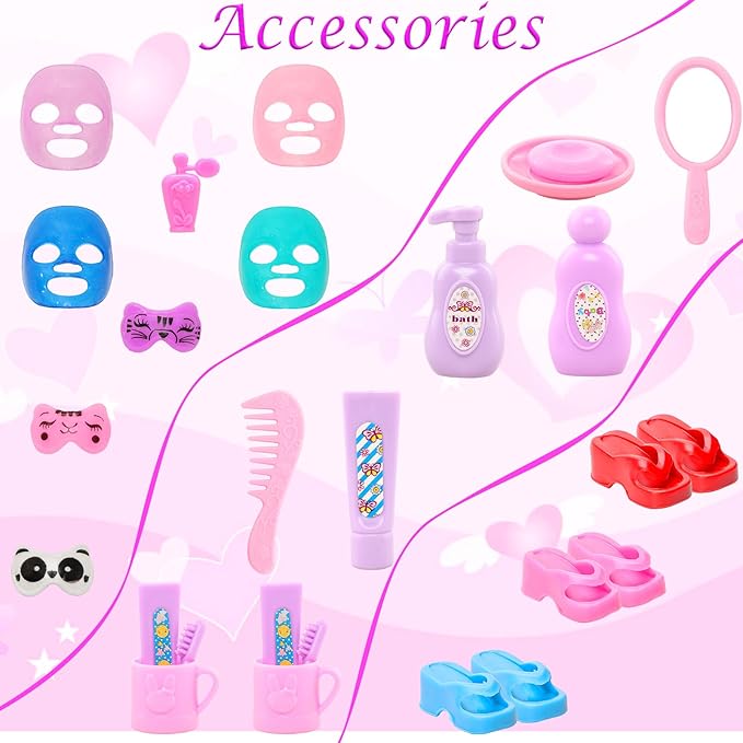 Doll Sleeping Clothes Accessories 28 Pcs Including 4 Sets Bathrobes Pajamas, Bath Towel , 4 Headband, 12 Toiletries, 8 Accessories, 3 Slippers for 11.5 Inch Girl Dolls Storytelling Bathroom Playset
