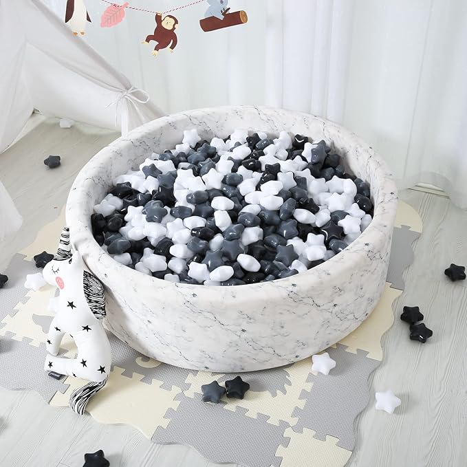 STARBOLO Baby Ball Pit Balls - 100pcs Star Balls for Ball Pit Plastic Ball Baby Play Ball Playhouse Playpen, Black/Gray/White Stars for Brithday Party Decoration.