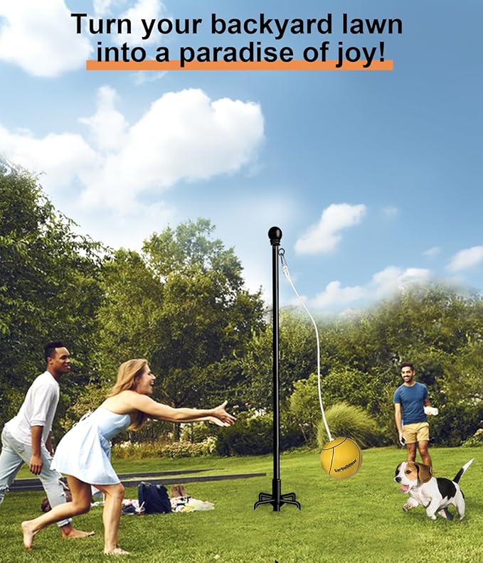 Garbuildman Tetherball Set with Ball & Rope for Outdoor Backyard, Adjustable Tether Ball Pole with Reinforced 5-Prong Base for Playground, Outside Ball Games Sports for Kids & Adults, Black