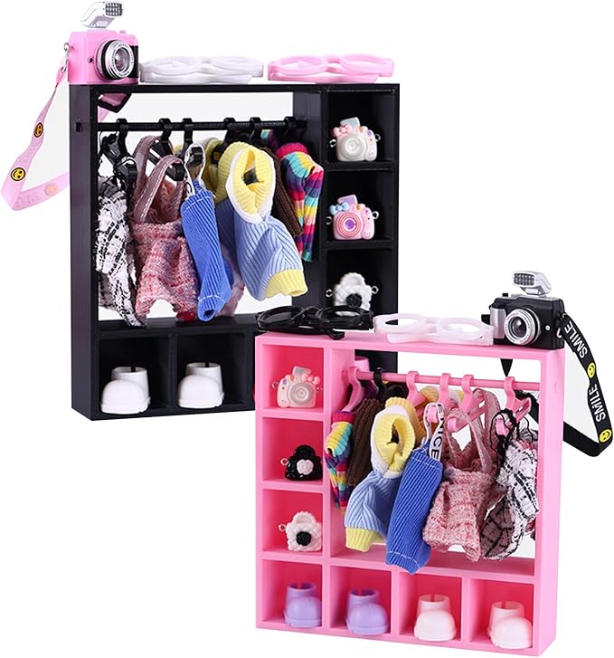 BABESIDE Doll Clothes Closet, Doll Clothes Storage with 2 Wardrobes & 20 Hangers, Doll Accessories Closet Set for 15/17 cm Dolls, Doll Closet Organizer Display (Pink & Black)