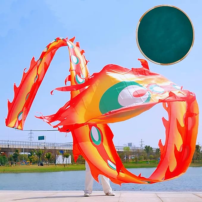 Square Exercise Dance Outdoor Flinging Fitness Dragon POI Wu Long 3D Real-Like Dragon Ribbon Streamer Set (26.2ft, Yellow Phoenix)