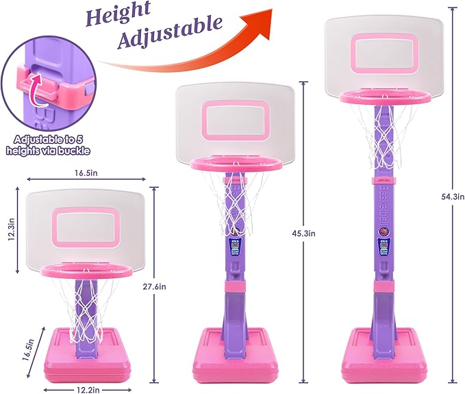 SUPER JOY Toddler Pink Basketball Hoop for Kids 1-3,2-4 5 Years Old, Adjustable Mini Hoop Set for Indoor Outdoor Play, Portable Basketball Goal Balls Sports Toys for Little Boys Girls Birthday Gifts