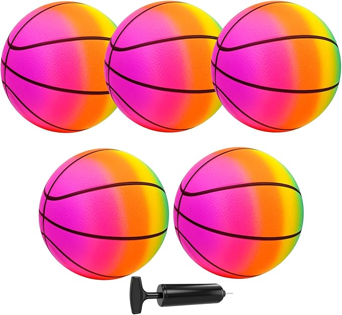 Mini Toy Basketballs Set - 8" Small Balls with Pump, Over The Door Mini Hoop Replacements, Indoor Basketball Toy for Toddlers, Kids, Teenagers, Pool, Yard, Outdoors 5 Pack