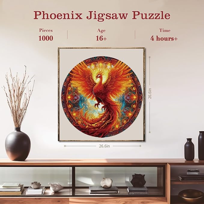 1000 Piece Puzzle for Adult, Phoenix Jigsaw Puzzle 1000 Pieces, Impossible Challenging Fun Puzzle for Adult, Round 26.6 x 26.6 Inch Unique Difficulty Puzzle for Birthday Gift
