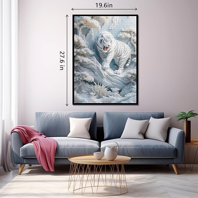White Tiger Puzzles 1000 Pieces for Adults, Nature Forest Wild Animals Jigsaw Puzzles, Snowy Tiger Paper Cut Puzzle as Home Wall Art