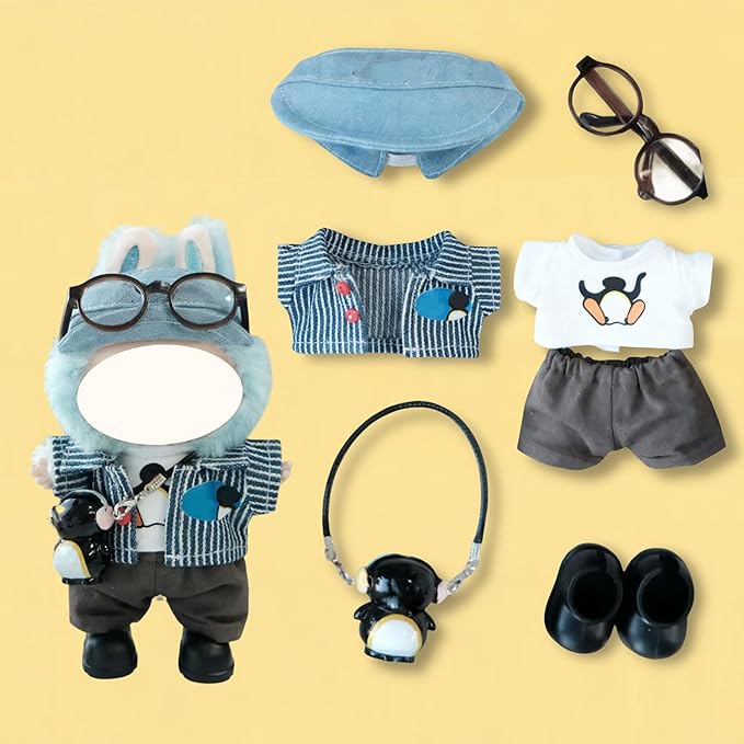 Clothes for 17cm Doll, 5 pcs Set Doll's Outfits Luxury Dress Shirt Pants Headset Shoes Accessories Fashion Stylish Adorable Dolls Clothes (No Doll) (Penguin Stripe Blue)