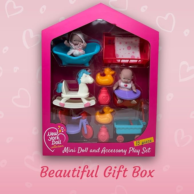 Mini Baby Doll Set, Small Baby Doll Playset with Mini Doll Accessories & 5 inch Doll Furniture, Mini Dolls for Girls, Small Dolls for Girls, Mini Baby Dolls Toy Play Pack, 15pc Tiny Baby Doll Sets