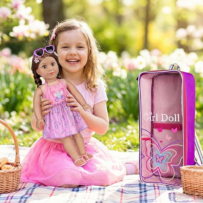 Ecore Fun 18 Inch Doll Carrier Backpack, 7Pcs Travel Doll Clear Display Storge Bag with Doll Clothe and Accessories for Take Doll Out, Girl Birthday Gift