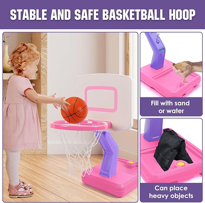SUPER JOY Toddler Pink Basketball Hoop for Kids 1-3,2-4 5 Years Old, Adjustable Mini Hoop Set for Indoor Outdoor Play, Portable Basketball Goal Balls Sports Toys for Little Boys Girls Birthday Gifts
