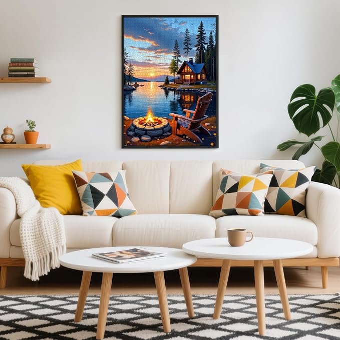 Lake Cabin Puzzles for Adults 1000 Pieces, Sunset Forest Landscape Jigsaw with Bonfire Lodge, Camping Scene Puzzle with Letters on Back, 20x28 Wall Art, Relaxing Family Game, Easter
