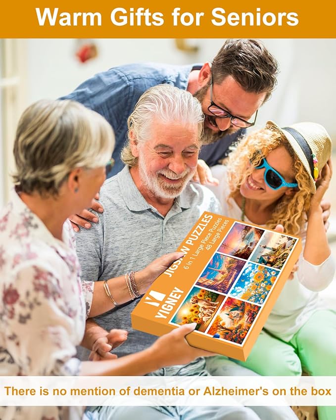 Yigney 6 Pack 48 Large Piece Jigsaw Puzzles for Seniors Alzheimer Products for Elderly Dementia Activities Memory Game for Patients in Nursing Home with Storage Box