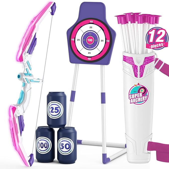 Bow and Arrow for Kids 4-6, LED Light Up Archery Set with 12 Suction Cup Arrows, 1 Standing Target, 3 Score Targets&1 Quiver, Indoor Outdoor Sport for Boys Girls Ages 8-12, Purple