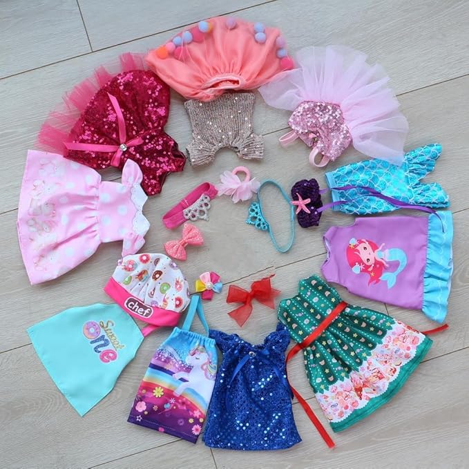 fit for 14 inches Girl Dolls' Clothes, for 14" Glitter Girl Wellie Wishers Baby Doll, 10 Sets Clothes and Accessories (14 inch Doll Clothes)