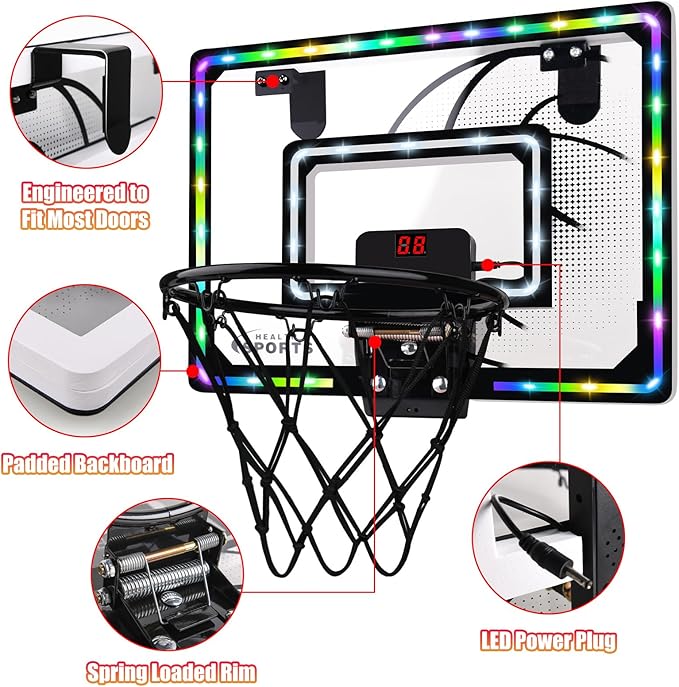 Basketball Hoop Indoor for Kids,LED Light Mini Basketball Hoop with 3 Balls & Electronic Scoreboard,Over The Door Basketball Hoop,Basketball Boy Toys Gift for Kids 3-12 Year Old Boys Girls Teen