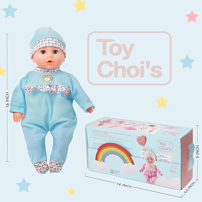 Toy Choi's Interactive Baby Doll - 16 Inch Crying Talking Feeding Dolls with Different Sounds and Accessories, Pretend Play Preschool Toys for 2 3 4 5+ Year Old Girls Boys Gift, Blue