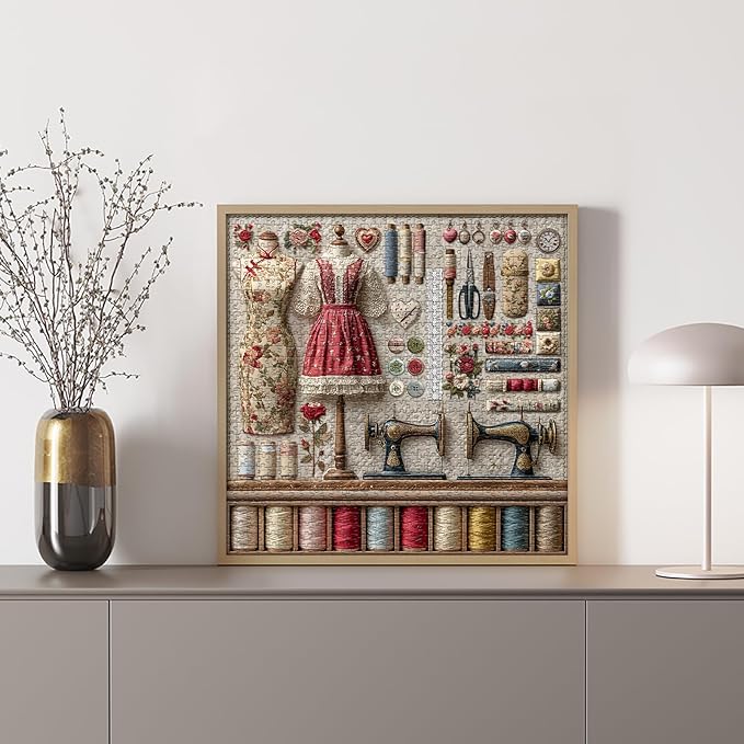 Vintage Sewing Machine Puzzles for Adults 1000 Pieces, PICKFORU Floral Puzzle with Buttons Plant Embroidery Dress, Aesthetic Art Quilt Challenge Jigsaw Puzzle Collage