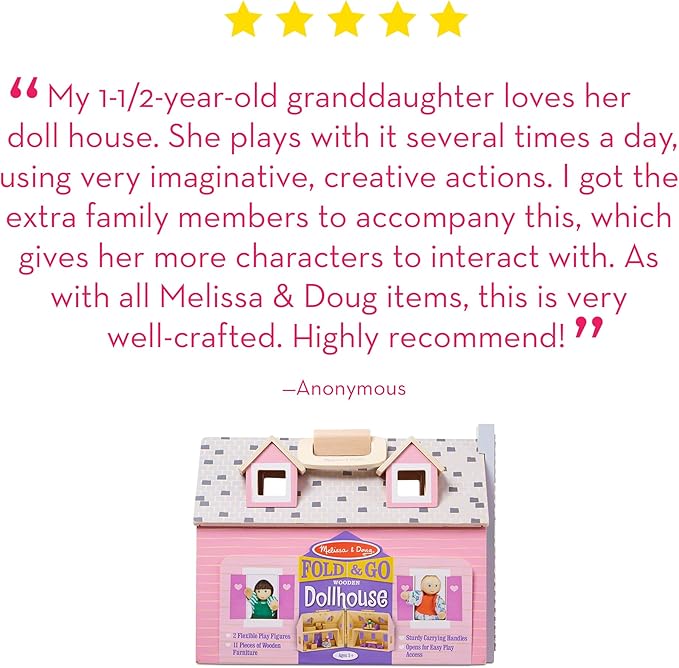 Melissa & Doug Fold & Go Wooden Dollhouse with 2 Dolls and 11 Pieces of Furniture - Portable Mini Doll House with Accessories and Toy Figures, Ages 3+