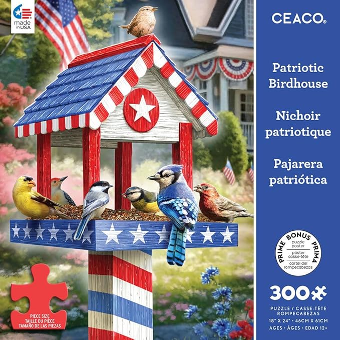 Ceaco - Large Piece Jigsaw Puzzle- Larry Jones - Patriotic Birdhouse - Relaxing and Fun Activity for Adults