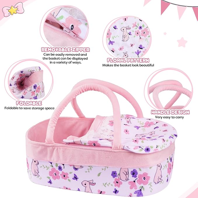 BABESIDE 8 Pcs Reborn Baby Doll Clothes with Bassinet for 17-22 Inch Baby Dolls, Baby Dolls Clothes Doll Accessories Set for Realistic Baby Dolls Girl (Not Doll)