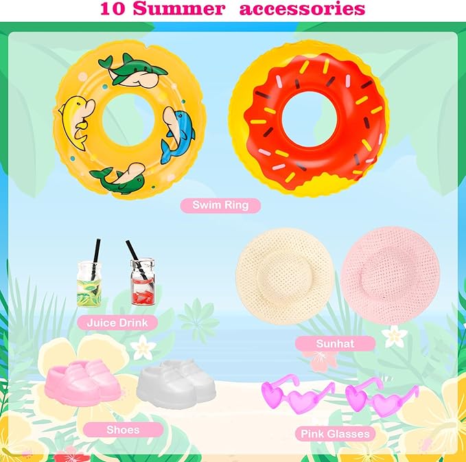 Mini 5.3 inch Doll Clothes and Accessories 6 Beach Swimsuits 3 Dresses with 2 Swimming Rings 2 Drinks 2 Hats 2 Glasses 2 Shoes