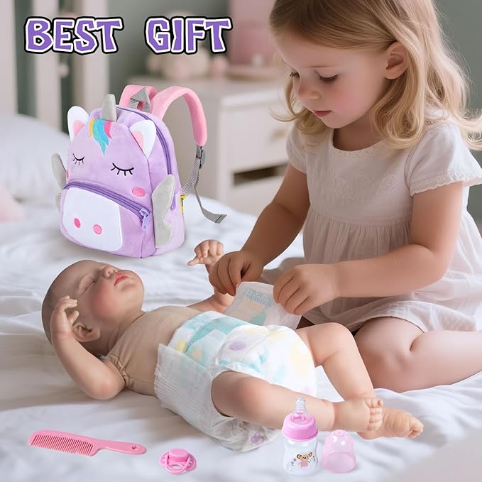 10 Pcs Reborn Baby Doll Diaper Bag Care and Feeding Set for 17-24 inches Reborn Dolls Newborn Baby Accessories with Unicorn Backpack Diapers Pacifier Bottle Comb