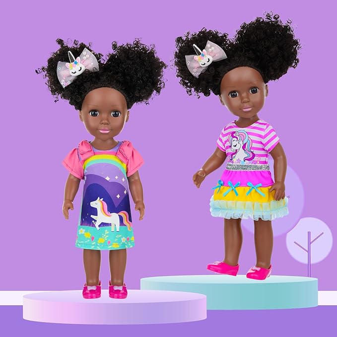 Ecore Fun 14 Inch Black Doll with Black Baby Doll Clothes Accessories – Including Dress, Top, Skirt, Shoes, Comb, Mirror, Hairclip, Phone & Stickers - African Realistic Silicone Girl Dolls for Girls