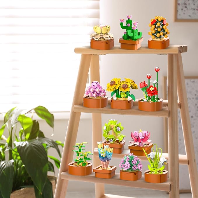 12 Pack Flowers Succulents Mini Building Set - 1403PCS Flower Botanical Collection for Home Office Décor 3.6MM Plant Blocks Toy, Easter Birthday Gifts for Adults Women Kids Girls10+
