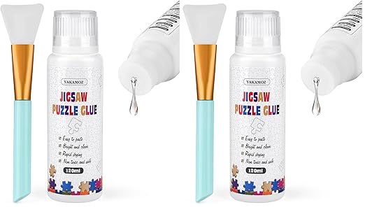 YAKAMOZ Jigsaw Puzzle Glue with Sponge Head for Adults Clear Water-Soluble Craft Puzzle Glue Quick Dry for 1000/1500/3000 Pieces of Puzzle,120ML (Pack of 2)