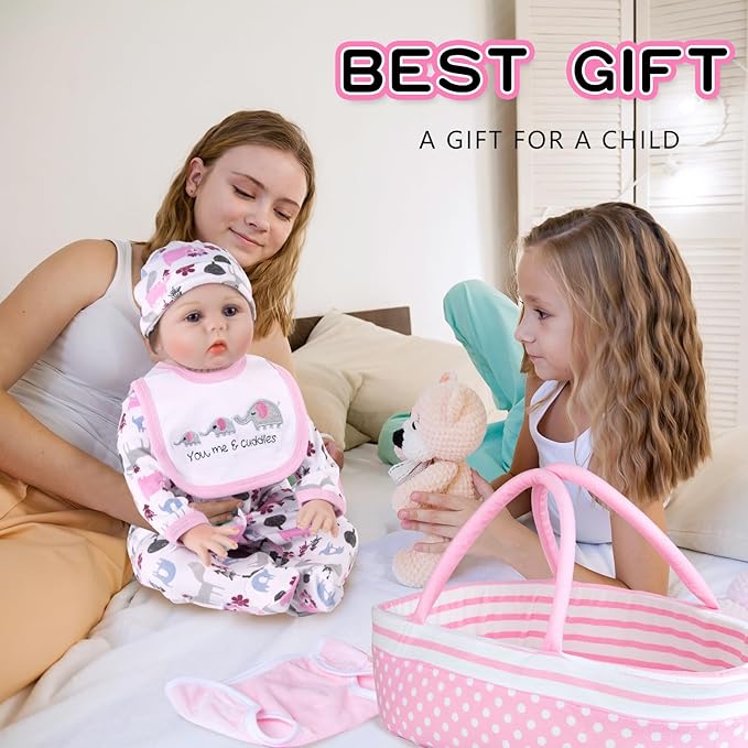 10Pcs Reborn Baby Doll Clothes with Bassinet Blanket Diaper fit 17-22 inch Reborn Dolls Cute Pink Baby Doll Clothes and Accessories Set Newest Design Christmas Gift