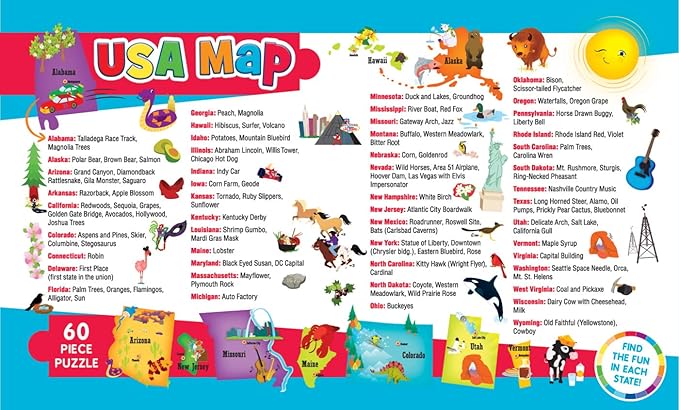 MasterPieces 60 Piece Educational Jigsaw Puzzle for Kids - USA Map State Shaped - 16.5"x12.75"