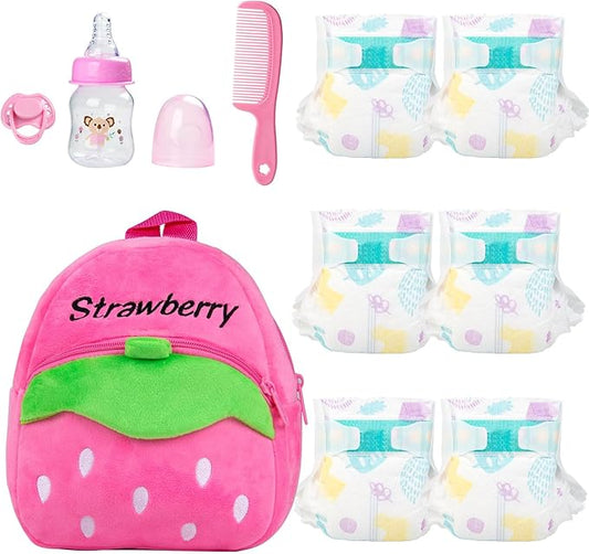 Reborn Baby Doll Diaper Bag Accessories Set 10 Pcs Baby Dolls Feeding and Caring Set Includes Backpack&Diapers&Bottle&Magnetic Pacifier&Comb Newborn Girls Gift
