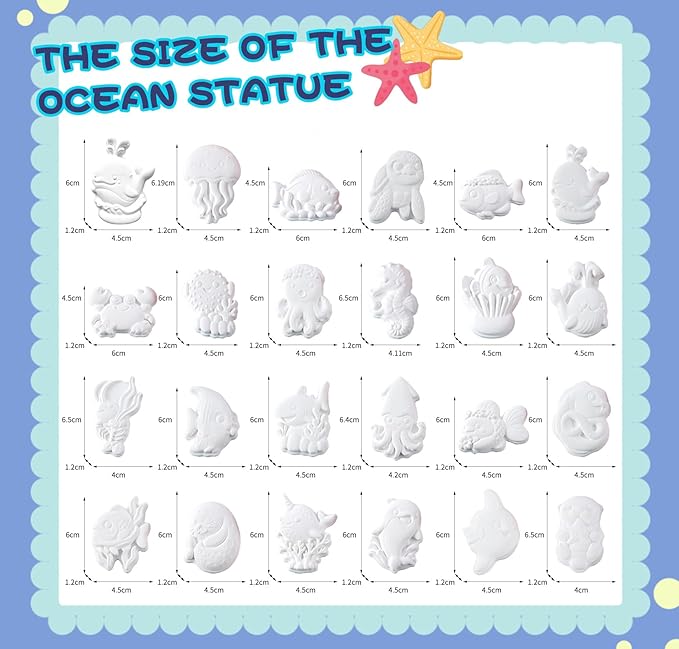 GloomGlo Kids Ocean Theme Paint Set - 24 Sea Creatures Plaster Painting Kit with Paint Colors, Brushes & Palettes | Kids Arts Crafts Supplies