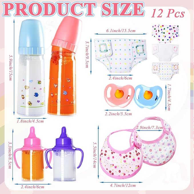 12PCS Baby Doll Accessories Set,Doll Pretend Play Feeding Toys,Baby Doll Feeding Include Disappearing Milk and Juice Bottles,Pacifier,Bibs,Diapers