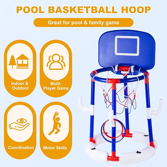 Taotuo Blue Floating Pool Basketball Hoop with Backboard, 2-in-1 Basketball & Ring Toss Game with 4 Balls, 6 Rings&Pump, Summer Pool Toys Outdoor Water Fun Family Party for Age 3-12