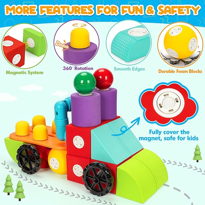 50 PCS Magnetic Foam Blocks for Kids, Large Magnetic Building Blocks for Toddlers 3+, Kids Bath Toys and Preschool STEM Educational Toys, Birthday for Boys & Girls 3 4 5 6+ Years Old