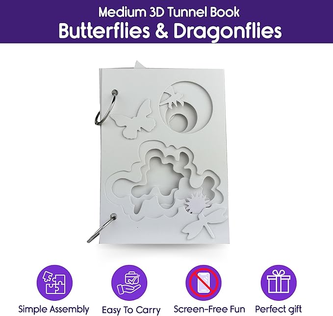 MAKE YOUR OWN 3D TUNNEL BOOK - BUTTERFLIES & DRAGONFLIES | Medium Size DIY Book Art & Craft Kit | Build, Paint & Draw Your Own Book with Mini Animals | Award-Winning STEAM Stationary Set | Ages 3+