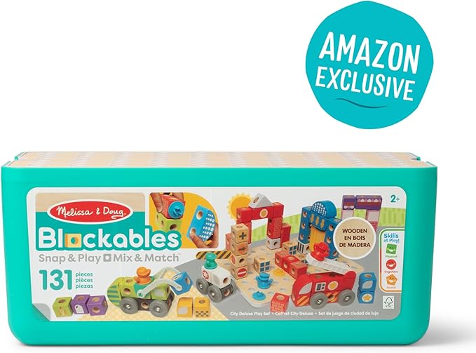 Melissa & Doug Blockables™ Deluxe City Snap and Play, Mix and Match Connectable Wooden Building Blocks Set with Storage Bin and Play Lid (122 Pcs) Ages 2 to 7- FSC Certified