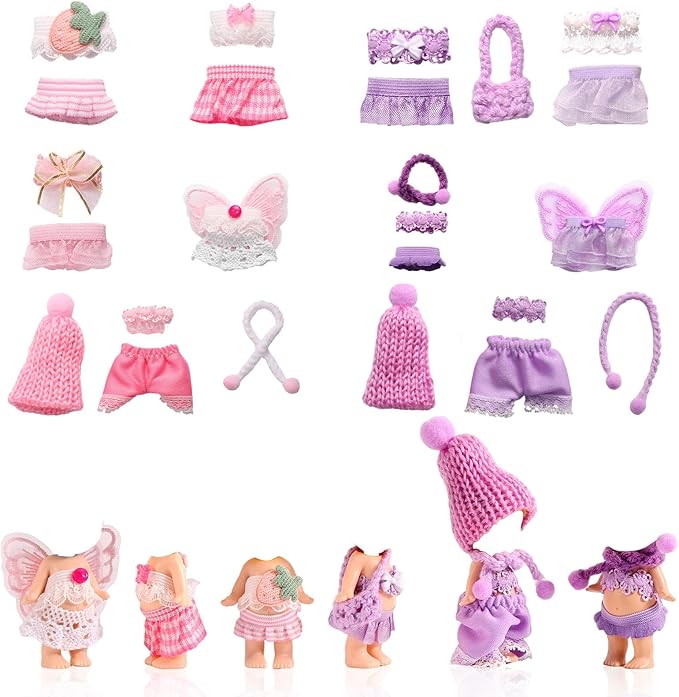10 Sets 3in/7.5-8cm Doll Clothes Outfits, Including Tiny Tops Skirts Pants Hats Scarfs Wings Small Doll Fashion Accessories Mini Baby Costume for Display & Decoration (Pink, Purple)